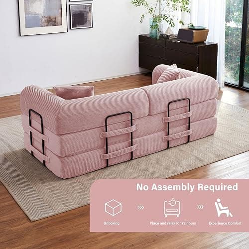 Reiboco 79" Convertible Sofa Bed, Pull Out Sleeper Couch, Corduroy Loveseat Futon for Small Apartment, No Assembly Oversized Floor Sofa, Modern Couch Bed for Living Room Guest Room (Pink) thumbnail 4