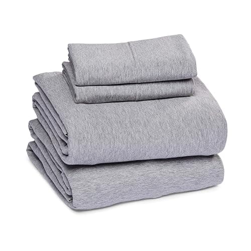 Amazon Basics 4 Piece Bed Sheet Set, 100% Cotton Jersey, Includes Super Soft, Flat and Fitted Sheets, Pillowcase, Full, Light Gray, Solid thumbnail 2
