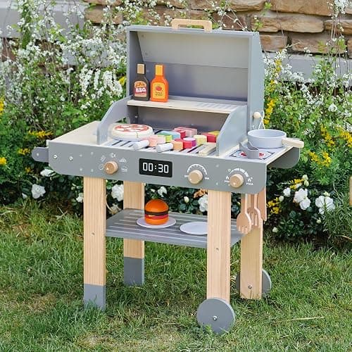 Leeshyah Wooden Kids Grill Playset – Realistic Play Barbecue Set with Grilling Tools and Foods – Pretend Grill Toy for Kids Ages 3+ - Image 1