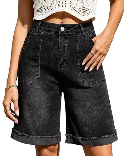 Eddoyee Bermuda Shorts for Women High Waisted Knee Length Cuffed Long Stretchy Denim Shorts Loose Summer Jean Jorts - Image 1