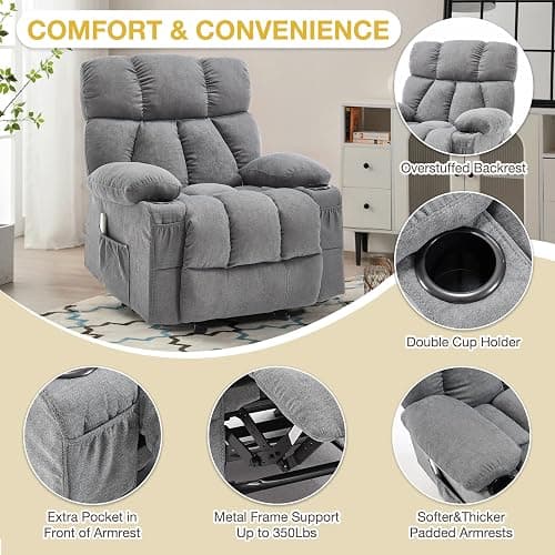 Massage Recliner Chair, Overstuffed Rocker Lazy Boy Chairs with Vibration&Gently Heat,Fabric Ergonomic Manual Nursery Chair for Living Room with Side Pocket, 2 Cup Holders&USB Charge Port, Grey thumbnail 6