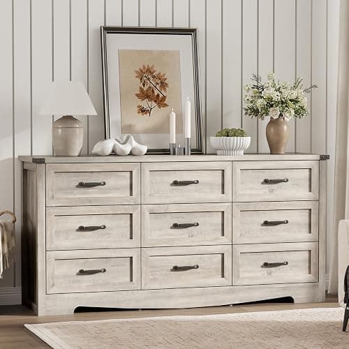 Dresser for Bedroom with 9 Drawers, 59" Wide Wood Chest of Drawers with Deep Drawers & Mental Handle, Modern Dresser TV Stand, Wooden Closet Storage Organizer for Living Room, Hallway, Entryway, Grey thumbnail 3