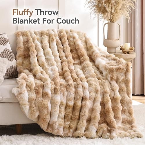 Smoofy Faux Fur Throw Blanket for Couch - Tie-dye Camel Soft Cozy Bubble Blanket, Beige Fluffy Plush Fuzzy Throw for Sofa & Bed, Thick Lightweight Warm Blanket, Luxury Aesthetic Gift for Women 60x80 thumbnail 3