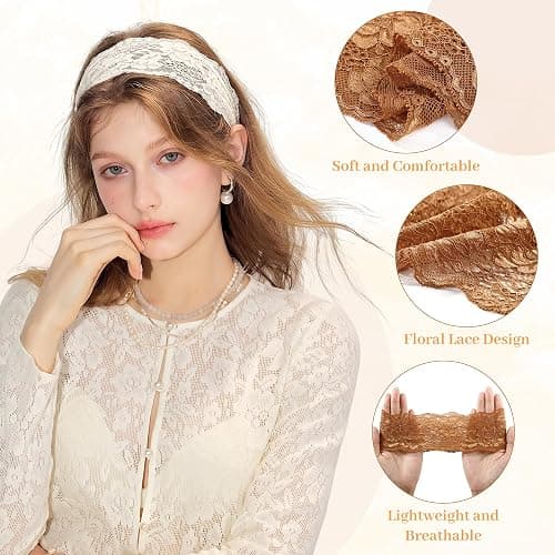 CWJCYTNSN Floral Lace Headbands for Women,Elegant Thin Stretchy 3 Pcs | Thin Lace, Breathable & Cool for Summer. Vintage Style Matches Casual, Boho, Retro. Non-Slip Wide Band. Handmade Gift thumbnail 3