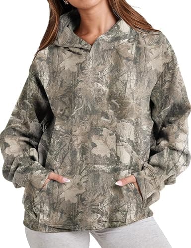 JEIBKOUY Womens Oversized Camo Hoodie Y2k Maple Leaf Print Fleece Hooded Pullover Sweatshirt Casual Long Sleeve Fall Outfits thumbnail 3