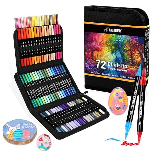 72 Colors Acrylic Paint Markers, Dual Tip with Fine Tip and Brush Tip Pens for Stone, Wood, Calligraphy, Canvas, Ceramic, Metal, Glass, Rock Painting, DIY Crafts Art Supplies Kit - 72 Color thumbnail 9