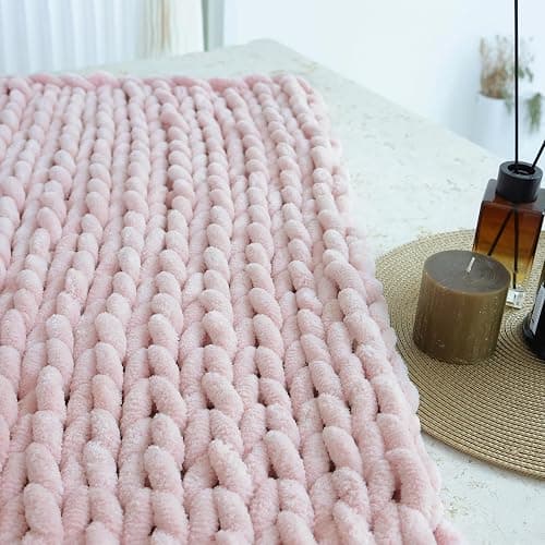 Maetoow Chenille Chunky Knit Blanket Throw （40×50 Inch）, Handmade Warm & Cozy Blanket Couch, Bed, Home Decor, Soft Breathable Fleece Banket, Christmas Thick and Giant Yarn Throws, Light Pink thumbnail 8