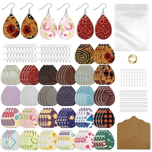 AOUXSEEM 401 Pcs Faux Leather Earrings Making Kit, Contains 120 Pcs Random Double Sided Teardrop Precut Earrings Pieces Hooks Jump Rings Opener Display Cards Self-Adhesive Bags - Image 1