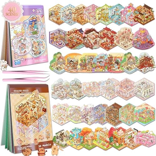 40 Sets DIY 3D Sticker Scene Collection Book Sticker Therapy, 3D House Stickers Set for Kids Adults Make Your Own Shop House Stickers, for Gifts Stress Relief Pass The Time, Cake Shop,Panda Tea Houses - Image 1