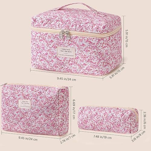 HBselect Quilted Makeup Bag, 3PCS Cotton Large Travel Makeup Bag, Cute Floral Coquette Make up Bag Cosmetic Bag Toiletry Bag for Women Girls thumbnail 6