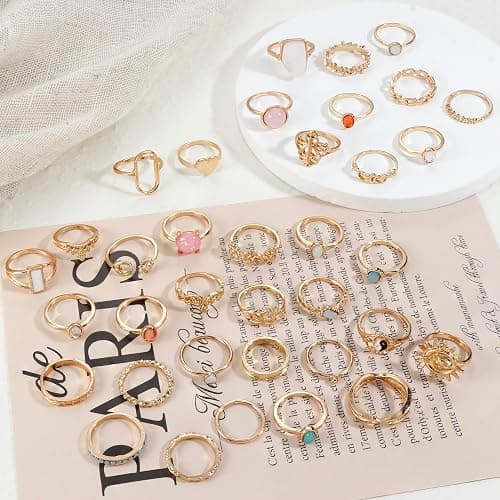 ⭐️Subiceto 70 Pcs Vintage Crystal Ring Set for Women, Stackable Knuckle Rings | 14K Gold Plated Ring Pack, Crystal Gem Snake Retro Boho Finger Rings, Multiple Size for Midi, Thumb, Joint, Knuckle, Stacking thumbnail 5