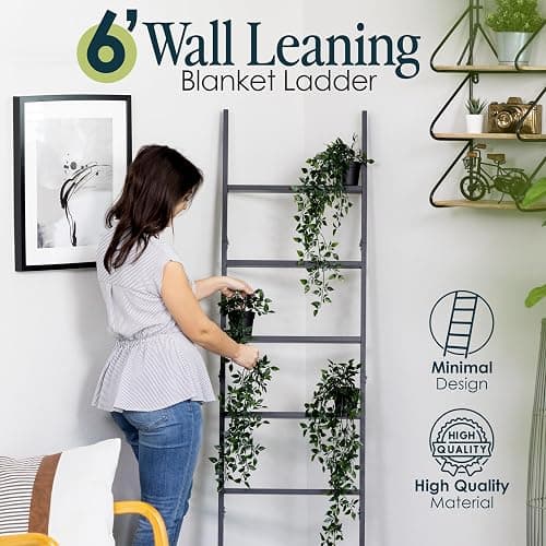 Blanket Ladder for the Living Room and Bedroom, Quilt Rack, 6-Tier, Black | 5ft 8 inch, Wall Leaning Blanket Holder, Laminate Snag Free, Rustic Decorative Farmhouse Ladder Shelf for Blankets thumbnail 5