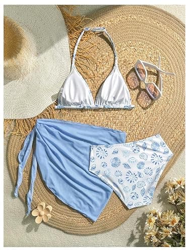 RoseSeek Girl's 3 Piece Swimsuits Floral High Waisted Bikini Bathing Suit with Mesh Coverups Skirt thumbnail 2
