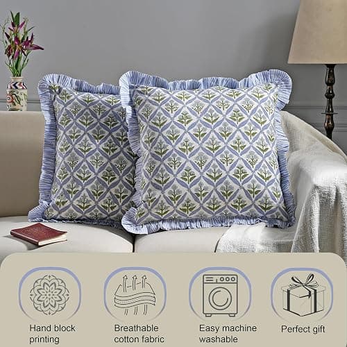 Ridhi Light Steel Blue Floral Block Print Throw Pillow Covers 18 x 18 Inch | Set of 2 100% Cotton Cushion Covers with Ruffle Edge, Zipper closure,Farmhouse Boho Decor for Sofa,Couch, Bed & Living Room thumbnail 5