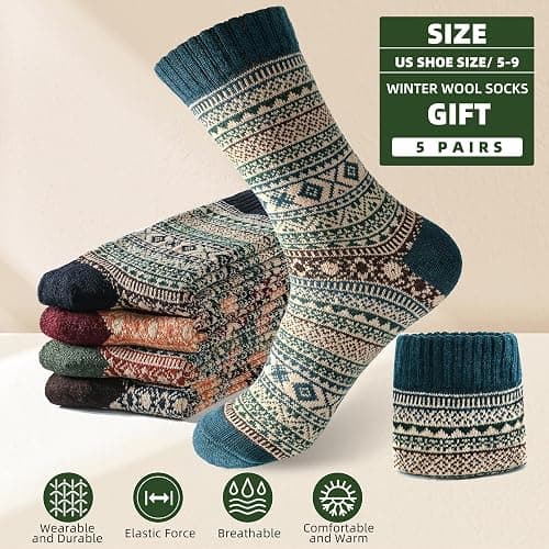 LWWTBS Womens Wool Socks 5 Pairs Winter Warm Thick Knit Wool Soft Vintage Casual Crew Socks Gifts for Women Men thumbnail 3