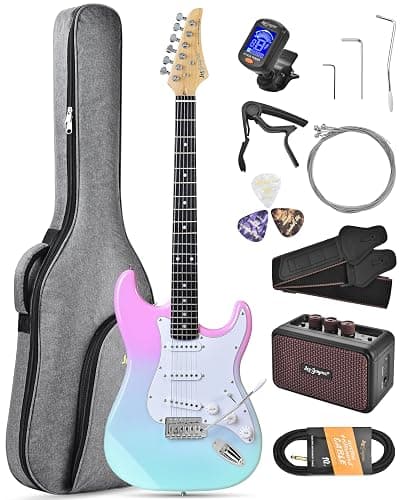 Leo Jaymz Beginner Electric Guitar 39” Kit with Portable Amplifier, Padded Gig Bag, Digital Tuner，Capo，Strap，Picks，Classic SSS Pickups(Pink-Cyan Fade-SSS) - Image 1