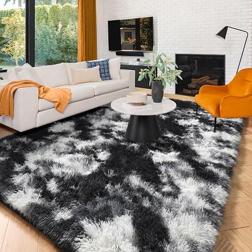 Amdrebio Black White Grey Rugs for Living Room Bedroom, 8x10 Large Fluffy Shaggy Furry Area Rug for Kids Room Dorm Home Office Apartment, Fuzzy Shag Plush Floor Modern Cool Carpet for Men Teen Boys - Image 1