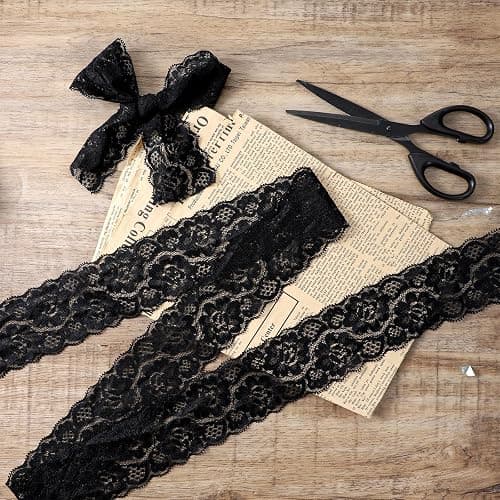Black Lace Fabric, 2.4 Inch 2.4 Inch 5.5 Yards Black Lace Trim Sewing Trim & Embellishments Elastic Vintage Fabric Applique Ribbon Vintage Wide Tulle for Sewing,Crafting,Wedding,Gift Wrapping thumbnail 2