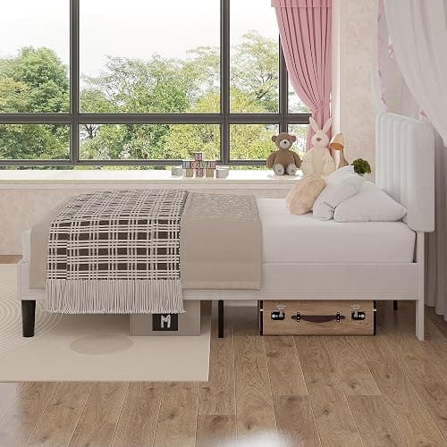 VECELO Twin Size Bed Frame with Upholstered Headboard, Velvet Platform Bedframe Mattress Foundation, Strong Wood Slat Support, No Box Spring Needed,White thumbnail 6