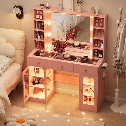 HUANLEGO Pink Vanity Desk with Mirror and Lights, Glass Top Vanity with Lighted Mirror & RGB Glass Cabinet and 3 Drawers, Makeup Vanity Desk with Lights Dressing Table for Bedroom, 3 Color Modes - Pink - 43.3x15.7x55.7 in thumbnail 3