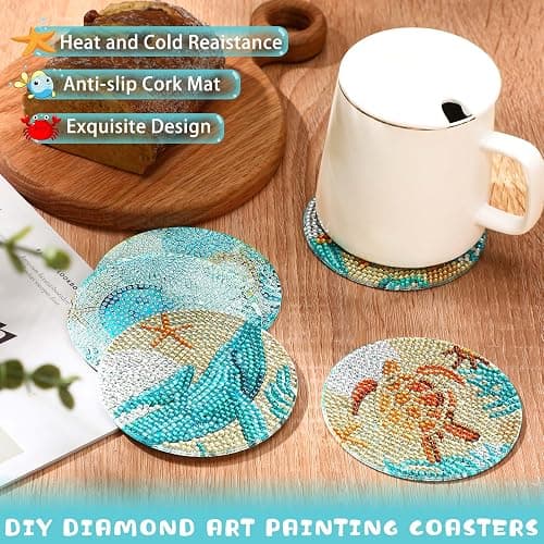 UPINS Ocean Diamond Art Painting Coaster Kit, 8Pcs DIY Crafts Kit with Holder, Non Slip Coaster Art Supplies for Adults, Ideal Christmas Gift thumbnail 6