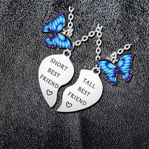 Funny Tall & Short Best Friend Heart Matching Pendant Necklace Set - 2PCs, Butterfly Charm, Perfect for Women - Bestie, Sister, Christmas & Birthday Gifts thumbnail 3