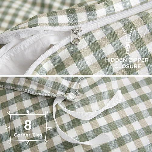 TOCOMOA Green Gingham Duvet Cover Bedding Set 100% Washed Cotton Like Linen Feel Super Soft Comfortable 3 Piece Vintage Plaid Checkered Comforter Cover Set (King 104"x90", Comforter Not Included) thumbnail 6