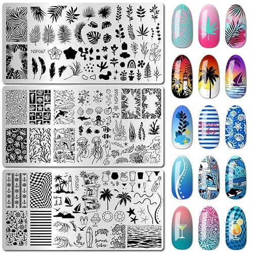 Arbuya Tropical & Ocean Nail Stamping Plates Set of 3 - Palm Leaves,Starfish, Coral, Stripes & Summer Drinks Design Template for Beach Nail Art DIY Print Manicure Salon Design Supplies Tool - Image 1