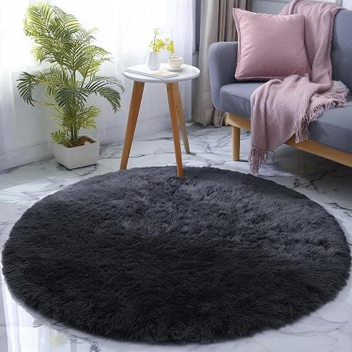 PAGISOFE Black Round Rugs 5Ft, Circle Rugs for Kids Bedroom, Shaggy Living Room Rugs, Indoor Teepee Furry Mat, Comfy Reading Rug, Fluffy Round Carpets for Womens Girls Boys Room Decor Aesthetic - Image 1