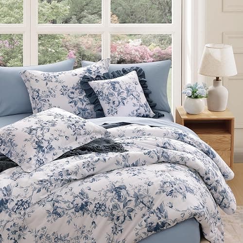 BLOOMHAVEN Full Comforter Set -7 Pieces Floral Blue Comforter Set for All Seasons, Bed in a Bag Full with Botanical Flowers Comforter, Sheets, Pillowcases & Shams thumbnail 3