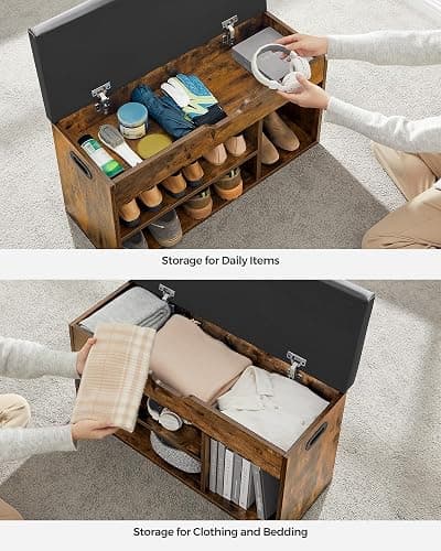 VASAGLE Shoe Bench with Cushion, Storage Bench with Padded Seat, 3 Compartments, Hidden Storage, Shelves, Living Room Lounge Hallway Bedroom, Load Capacity 150 kg, Rustic Brown LHS30BX thumbnail 9