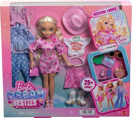 Barbie Dream Besties Festival Looks Set, Including Barbie “Malibu” Doll with Long, Blonde Stylized Hair, 10+ Removable Fashions & Accessories thumbnail 6