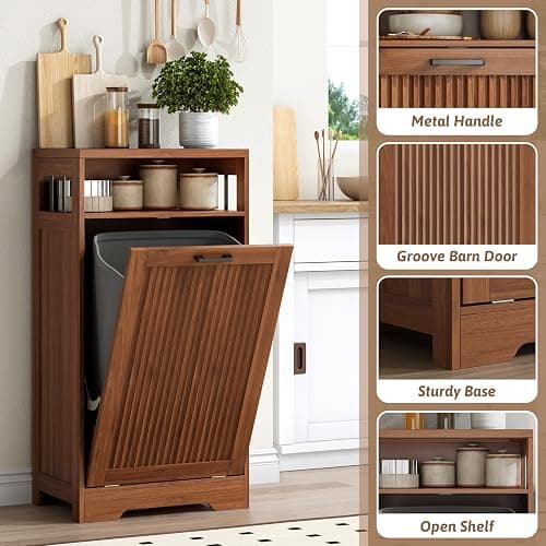 jmhdyg Pet-Proof Single 13 Gallon Tilt Out Trash Can Cabinet with Open Storage – Hide Garbage & Recycling Bins to Keep Your Kitchen Clean and Organized,Walnut thumbnail 4