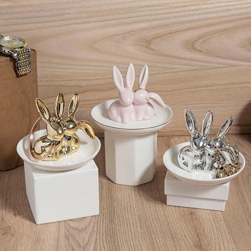Bunny Ring Holder - Ceramic Jewelry Dish for Rings, Earrings, Necklace Organizer - Rabbit Trinket Tray, Wedding Engagement Holder (Pink) thumbnail 5