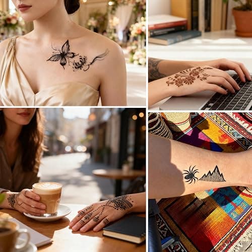 191 Pcs Temporary Tattoo Stencils Kit with 6 Tattoo Cones (2 Black, 2 Brown, 2 Dark Red), White Tattoo Outline Pen, Cotton Swabs & Towel | Perfect for Adults, Teens, Beginners, Family Fun & Parties thumbnail 9
