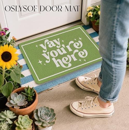 OSLYSOF Funny Green Door Mat, Yay You're Here Doormat for Front Door Indoor Outdoor Porch Entrance Entryway, Funny Welcome Mat Outside, 17x30 Inches thumbnail 4