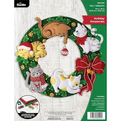 Bucilla, Holiday Housecats Felt Applique Wreath Making Kit, Perfect for DIY Needlepoint Arts and Crafts, 89490E - Image 1