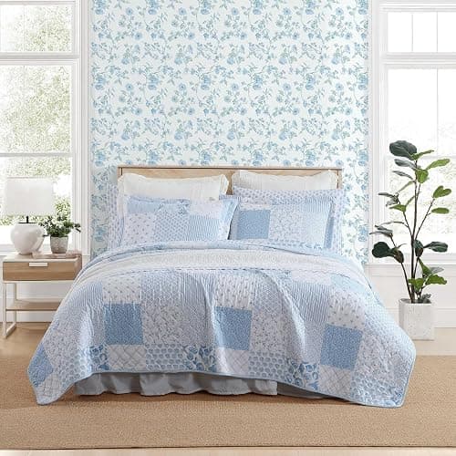 Laura Ashley - Queen Quilt Set, Reversible Premium Bedding with Matching Shams, Luxuriously Soft Home Decor (Colleens Coastal Patchwork Blue, Queen) - Image 1