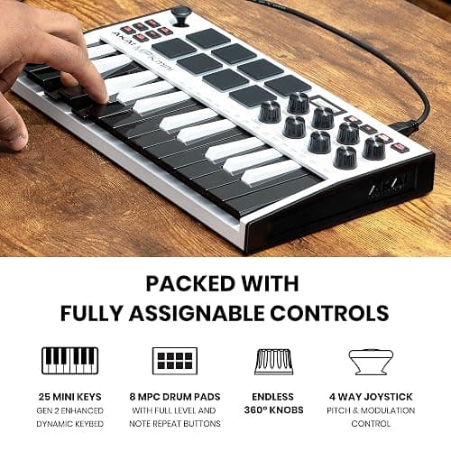 Akai Professional MPK Mini MK3-25 Key USB MIDI Keyboard Controller With 8 Backlit Drum Pads, 8 Knobs, Music Production Software and Native Instruments Sound Package (NKS Integration), White thumbnail 3