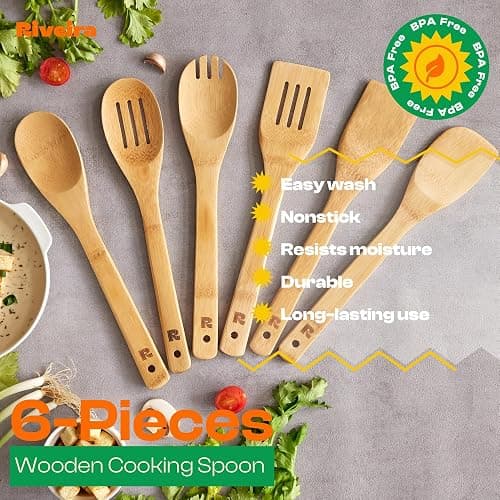 Riveira Bamboo Cooking Spoons 6-Piece – Wooden Cooking Utensils Set with Wooden Spoons for Cooking & Spatulas Wooden Utensil Sets – Premium Kitchen Utensils Set – Durable First Apartment Essentials thumbnail 5