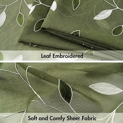 MIULEE Olive Green Sheer Curtains 2 Panels Embroidered Leaf Patterned Rod Pocket Floral Semi Faux Linen Window Curtains Drapes Set for Living Room Bedroom Dining Room, 52x84 Inches Long thumbnail 4