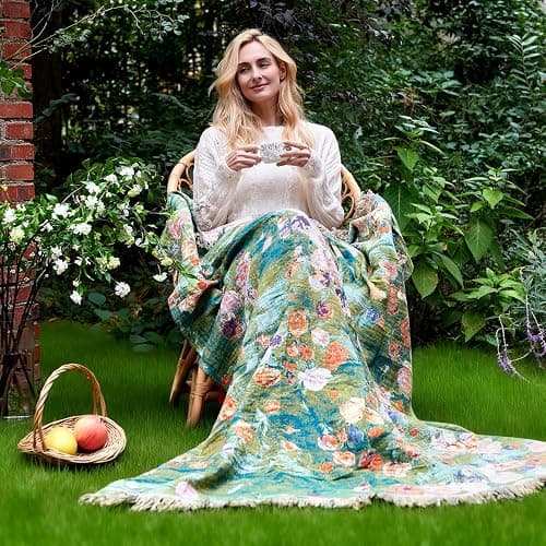 LUTBM Boho Throw Blanket for Bed Cotton Summer Blankets Twin Size for Bedroom Living Room All Season Lightweight Floral Embroidery Reversible Quilt for Couch Sofa Chair 60"x80" Home Decor thumbnail 2