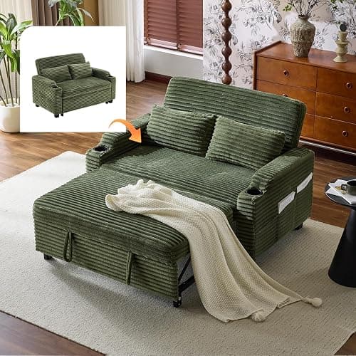 VINGLI Green Futon Sofa Bed Convertible Loveseat Sleeper Sofa Couch, Corduroy Pullout Sofa Fold Out Couch Bed with USB Ports, Cup Holders, Armrest for Living Room, Bedroom Apartment Room - Image 1