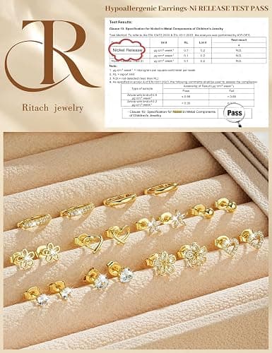 Small Gold Stud Earrings Set for Women - 14K Gold Plated CZ Huggie Hoops Hypoallergenic Earrings Dainty Flower Heart Stud Earrings for Jewelry Gift thumbnail 4