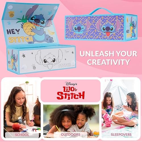 Disney Stitch Kids Colored Pencils Drawing Kit Art Set for Girls Boys Stationery with Notepad Crayons Markers Travel Case Gifts for Kids (Blue Stitch) - Blue thumbnail 5