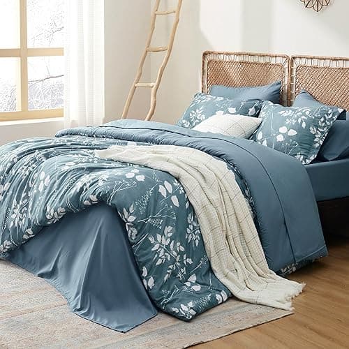 Bedsure Queen Comforter Set - 7 Pieces Floral Mineral Blue Soft Bedding Sets, Queen Bed in a Bag with Botanical Flowers Comforter, Sheets, Pillowcases & Shams thumbnail 3