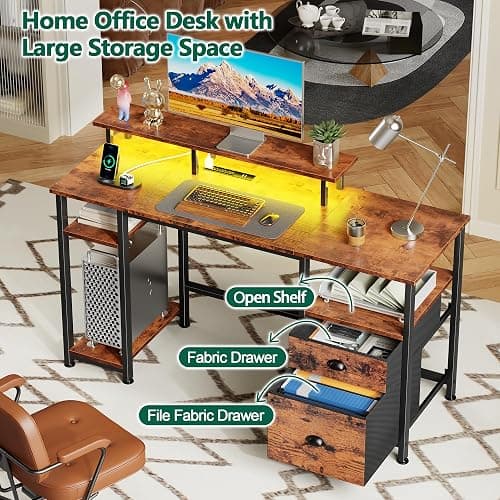 Furologee 51" Computer Desk with Power Outlet and LED Lights, Reversible Home Office Desk with File Cabinet & Monitor Stand, Large Gaming Table with Storage Shelves & Drawer, Rustic Brown thumbnail 6