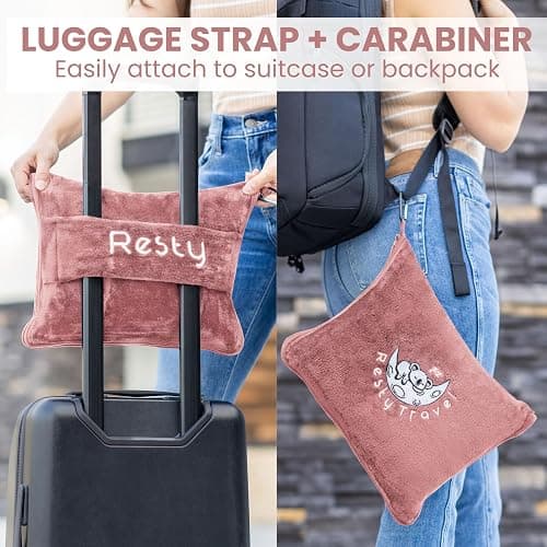 Resty Travel Blanket - Compact Airplane Blanket with Bag - Small and Lightweight Traveling Blanket & Pillow - Portable Blankets with Carabiner for Easy Transport - Plane Train Car (Pink) - Pink thumbnail 4