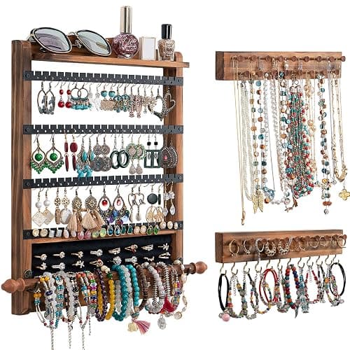 QILICHZ 3Pcs Jewelry Organizers and Storage,Wood Earring Organizer,Hanging Jewelry Organizer,Rustic Wall Jewellery Organizer,Wall Mounted Earring Holder for Storage Display Gift (Brown+Black) - Image 1