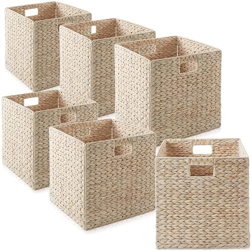 Casafield 13" x 13" Hyacinth Storage Baskets, Whitewash - Set of 6 Storage Organizers, Woven Wicker Cubes for Bathroom, Bedroom, Laundry, Shelves - Image 1